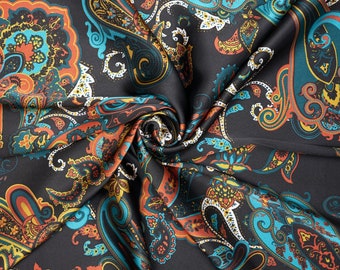 CHARMEUSE silky SATIN fabric by the yard - Black orange turquoise  paisley print   - USA printed and designed - Fast  shipping!