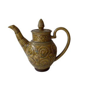 Studio pottery signed Pitcher, teapot, wine pot Optic Art brutalist textured clay teapot