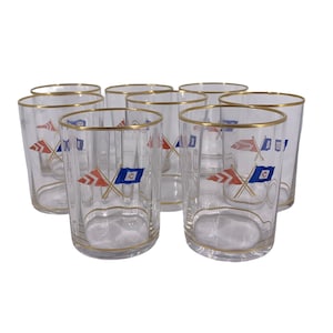Antique Tiffin Gold Barware set (8), enameled hand painted Yachting Flags, Manhasset Yacht Club New York