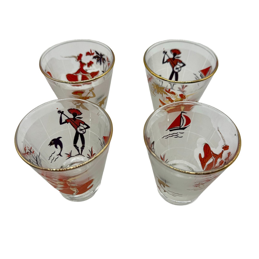 Vintage Libby Double Shot Glasses FOUR, Calypso Caribbean Graphic ...