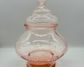 Vintage Depression Pink Glass Lidded Kitchen Canister, Optic Fruit Design