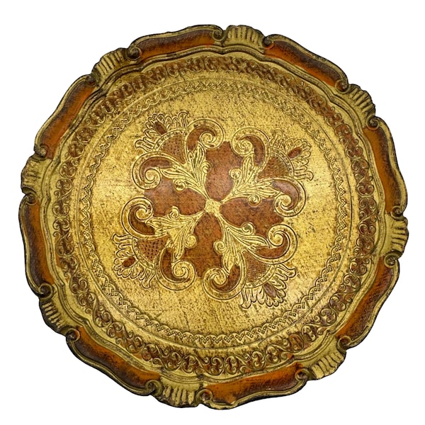 Italian Tray Round Tole Art Gold Vtg Florentine Gilt Wood orange Italy, 13”