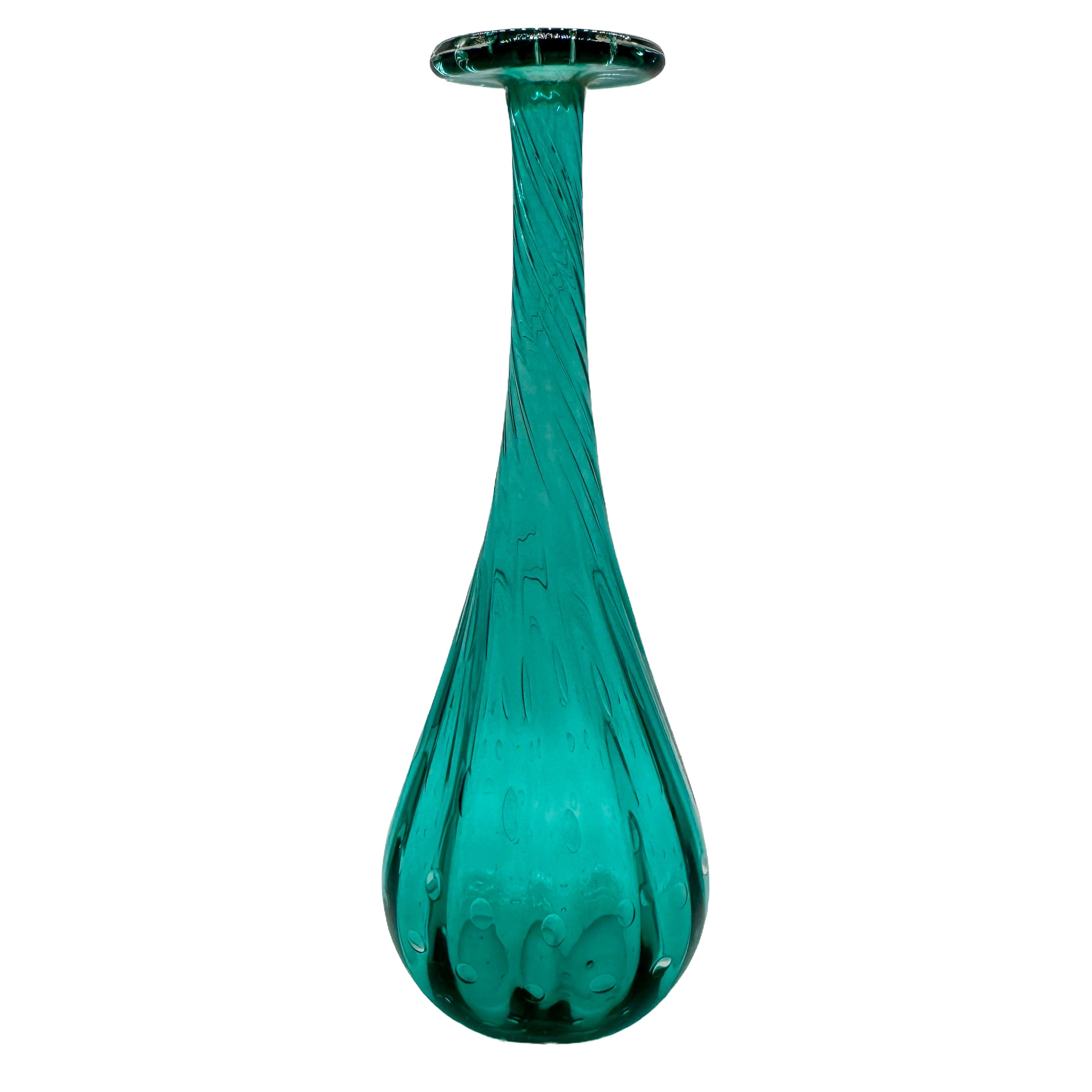 Jarrón vintage de vidrio soplado bullicante, tapa plana con pontil pulido, estilo Blue-Century Modern, vidrio artístico italiano.