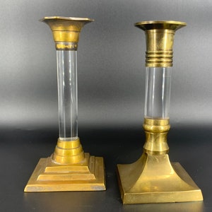 Pair Of Vintage Lucite acrylic and brass Candlestick Holders