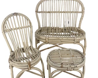 Vintage wicker rattan dollhouse porch furniture set, barbie size, boho decor