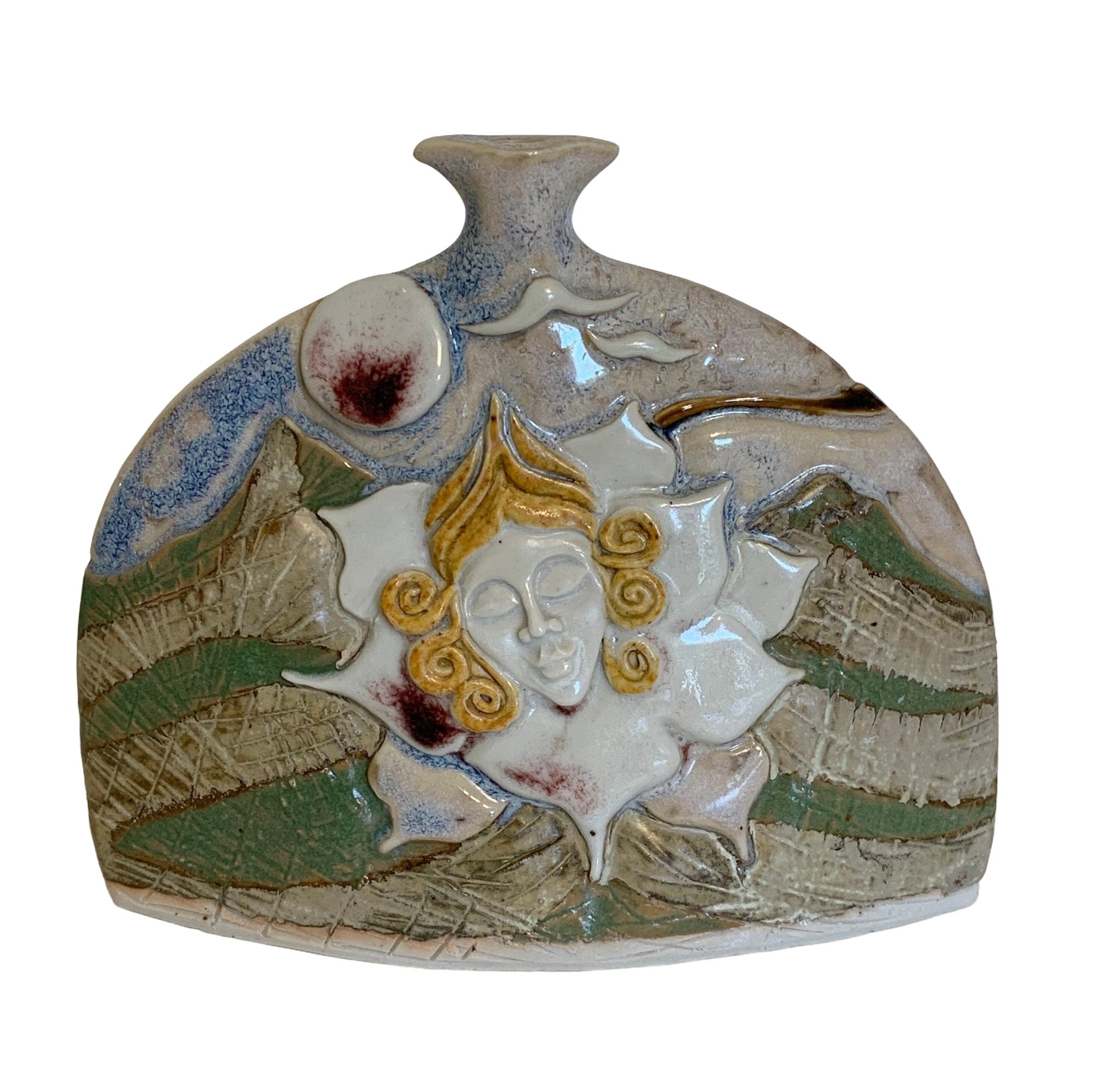 Signed Studio pottery Robin and Billie Bloom 1982, North Carolina Earth and Sky studio Flask shaped mountain Goddess vase