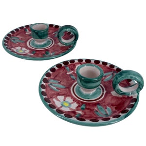 Pair of Hand-Painted Italian Ceramica Taper Candlestick Holders with Floral Design