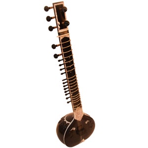 May include: A black sitar with a pearlescent inlay on the body and neck. The sitar has a long neck with multiple tuning pegs and a large, round body.