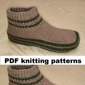 May include: A pair of knitted slipper socks with brown and green stripes. The socks are made with a textured knit and have a pointed toe. The image includes the text "PDF knitting patterns".