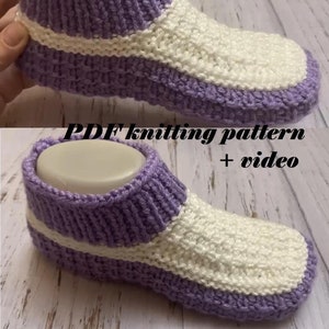 May include: Purple and white knitted slipper socks. PDF knitting pattern and video included.