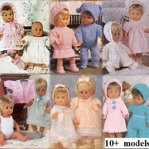 May include: A collection of knitted doll clothes in various colours and styles, including dresses, sweaters, hats, and trousers. The clothes are designed for dolls with a 10+ inch size. The image shows 10+ models of doll clothes.