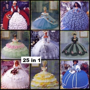 May include: A collection of 25 crochet doll dress patterns. The patterns feature a variety of styles, including ball gowns, princess dresses, and Victorian-inspired designs. The dresses are made with different colors of yarn, including white, blue, green, pink, yellow, and black.