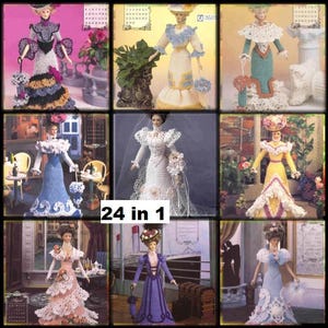 May include: A collage of nine images showcasing crocheted dolls adorned in a variety of vintage styles. Each doll is wearing a different outfit, including a white wedding dress, a blue dress, a yellow dress, and a pink dress. The dolls are all standing in different poses and are surrounded by various props, such as flowers, furniture, and a calendar. The text "24 in 1" is displayed in the centre of the collage.