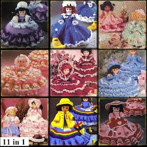 May include: Eleven crochet doll dress patterns. The patterns include a variety of styles and colors, such as a purple dress with a white lace trim, a blue dress with stars, a pink dress with flowers, and a red dress with ruffles.