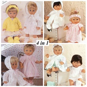 May include: A collection of dolls in knitted clothing. The dolls are shown in different outfits, such as sweaters, dresses, bonnets, and booties, in colours like yellow, white, and pink. The image includes the text "4 in 1".