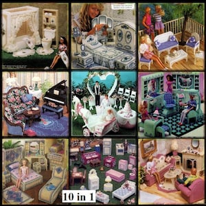 May include: A collage of 10 different plastic canvas dollhouse furniture sets. The sets include a bedroom, bathroom, living room, kitchen, dining room, and more. Each set is made with colorful plastic canvas and includes a variety of furniture pieces. The sets are perfect for dollhouse enthusiasts of all ages.