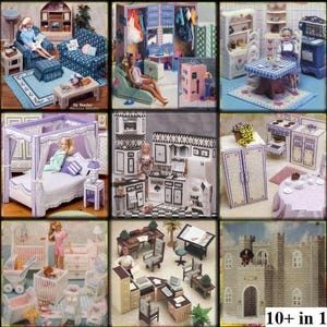 Può includere: Una collezione di oltre 10 kit di stanze per case di bambole in tela plastica. I kit includono un soggiorno, una camera da letto, una cucina, un bagno, una cameretta, un ufficio e un castello. Ogni kit include istruzioni dettagliate e modelli per creare una stanza in miniatura per case di bambole.