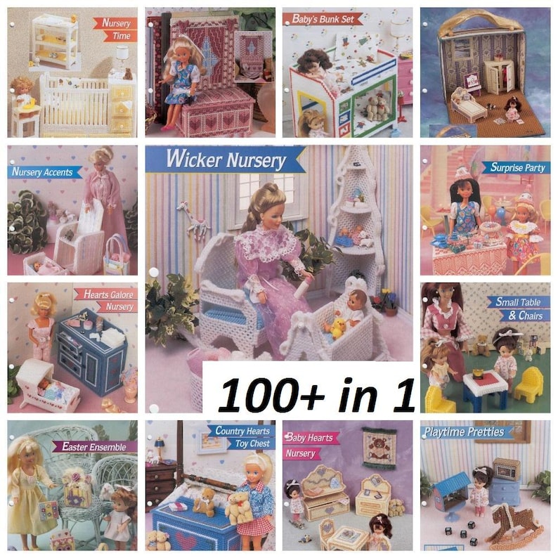 May include: A collage of 12 images showcasing various dollhouse furniture and accessories, including a nursery, a bunk bed, a wicker nursery set, a small table and chairs, a toy chest, and a playhouse. The images feature dolls and dollhouse furniture in a variety of colors and styles.
