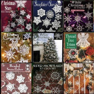 May include: A collage of nine book covers featuring crochet patterns for snowflakes, stars, and other Christmas ornaments. The covers feature white crochet designs on a variety of backgrounds, including blue, green, and red.