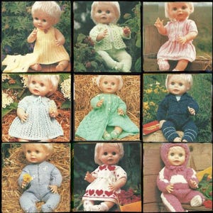 May include: Nine knitted doll outfits in various colours and styles, including dresses, sweaters, trousers, and a hooded onesie. The dolls are all sitting on different backgrounds, such as hay bales, grass, and wood.