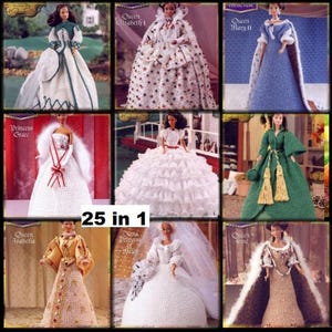 May include: A collection of 25 crochet doll dress patterns featuring various historical figures, including Queen Elizabeth I, Queen Mary I, Princess Grace, Queen Isabella, and Queen Anne. The patterns are displayed in a collage format, with each dress shown on a doll.