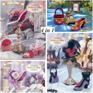 Puede incluir: Un collage de patrones de ganchillo de "Annie's Miniature Shoe Society". La imagen presenta sombreros, zapatos y bolsos de ganchillo en miniatura en varios colores, incluyendo rojo, morado y negro. Los patrones se muestran en soportes y superficies decorativas.