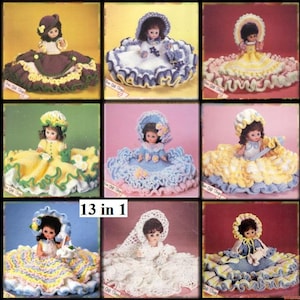 以下が含まれることがあります： 13種類の異なる色とスタイルの、かぎ針編み人形のパターンを集めたものです。人形は、白いウェディングドレス、黄色のサッシュの付いた青いドレス、緑色のサッシュの付いた黄色のドレスなど、さまざまな衣装を着ています。パターンは「13 in 1」と題されています。
