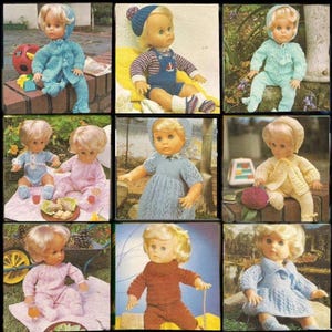 May include: A collection of nine vintage dolls, each with blonde hair and wearing knitted clothing. The outfits are in various colours, such as blue, pink, yellow, and brown. Some dolls are wearing hats and bonnets, and some are seated.
