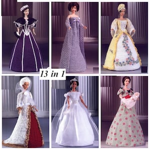 Puede incluir: Una colección de 13 patrones de vestidos de crochet para muñecas. Los patrones presentan una variedad de estilos, incluyendo un vestido morado, un vestido lavanda, un vestido amarillo, un vestido blanco y un vestido verde. Los patrones están todos diseñados para muñecas Barbie.
