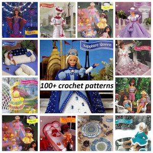 Könnte beinhalten: Eine Collage aus 12 Bildern, die Häkelmuster für Puppen und Puppenaccessoires zeigen. Die Bilder zeigen eine Vielzahl von Puppen, Möbeln, Kleidung und anderem Zubehör. Der Text "100+ Häkelmuster" wird in der Mitte der Collage angezeigt.