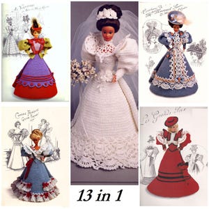 May include: A collection of 13 crochet doll dress patterns. The patterns feature a variety of styles, including a wedding dress, a red dress, and a blue dress. The patterns are all in English and include instructions for making the dresses.