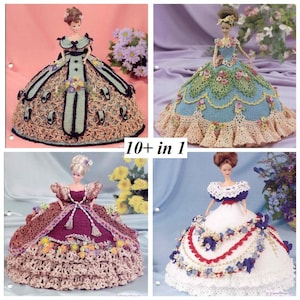 Puede incluir: Cuatro imágenes de muñecas con elaborados vestidos de ganchillo. Los vestidos presentan varios colores, incluyendo azul, verde, marrón y blanco, con detalles florales y de encaje. El texto "10+ in 1" es visible.