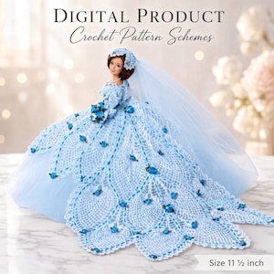 May include: A doll wearing a light blue crocheted wedding dress with a matching veil and small blue floral accents. The text reads DIGITAL PRODUCT Crochet Pattern Schemes and Size 11 1/2 inch. The dress features a detailed lace-like pattern.