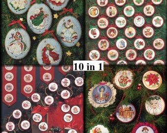 May include: A set of 10 Christmas ornament cross-stitch patterns featuring various holiday themes, including angels, Santa Claus, a snowman, and a nativity scene. The patterns are displayed on a white background with red accents. The text "10 in 1" is printed in the center of the image.