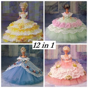 May include: Four dolls wearing different colored crocheted gowns. The gowns are all multi-layered and feature lace detailing. The dolls are all wearing crowns. The text "12 in 1" is printed in the center of the image.