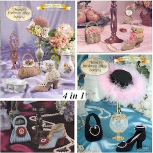 Puede incluir: Un collage de zapatos, sombreros y bolsos en miniatura de ganchillo. La imagen incluye el texto "Annie's Miniature Shoe Society" y "Stepping Through Time". Los artículos son de varios colores, incluyendo beige, rosa y azul, y se muestran con elementos decorativos.
