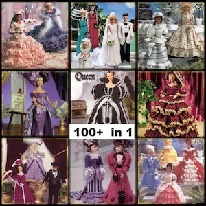 May include: A collage of crochet doll patterns featuring various styles of dresses, including wedding gowns and formal wear. The image includes the text "100+ in 1".