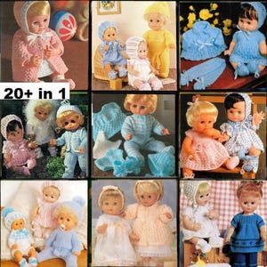 Może przedstawiać: Zbiór ponad 20 wzorów na dzianinowe ubranka dla lalek. Wzory obejmują różnorodne style, w tym sukienki, swetry, czapki i buciki. Wzory są przeznaczone dla lalek o rozmiarze 30 cm.