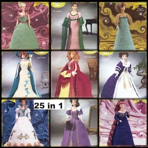 Puede incluir: Un collage de 25 patrones de vestidos de muñeca de ganchillo con diferentes estilos y colores. Los patrones son para muñecas con un tema de 25 en 1.