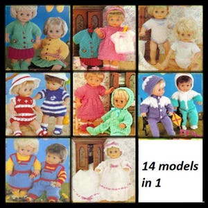 May include: A collection of 14 knitting patterns for doll clothes. The patterns feature a variety of styles, including dresses, sweaters, trousers, and hats. The patterns are designed for dolls with a 14-inch circumference.