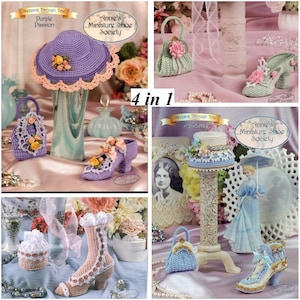 Puede incluir: Un collage de artículos de ganchillo, incluyendo un sombrero morado, un bolso y un zapato, con detalles florales. Los artículos se exhiben sobre una mesa con otros objetos decorativos. El texto "Annie's Miniature Shoe Society" es visible.