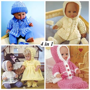 Puede incluir: Cuatro imágenes de muñecas vestidas con trajes de punto. Los trajes son de varios colores, incluyendo azul, crema y rosa. Las muñecas llevan sombreros, chaquetas, pantalones y vestidos. El texto "4 in 1" está en el centro de la imagen.