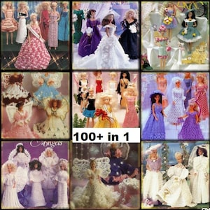 Puede incluir: Un collage de imágenes con ropa de muñeca de ganchillo. Las imágenes muestran una variedad de estilos, incluyendo vestidos, faldas, blusas y sombreros. El texto "100+ en 1" se muestra en el centro del collage.