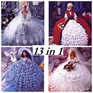 May include: Four crocheted doll dresses in white, red, blue, and white. The dresses are all different styles and have ruffles and lace. The text "13 in 1" is in the centre of the image.
