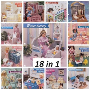 May include: A collection of 18 dollhouse nursery patterns featuring various furniture and accessories, including a bunk bed, a wicker crib, a toy chest, and a small table and chairs. The patterns are designed for crafting and feature a variety of colors and styles.