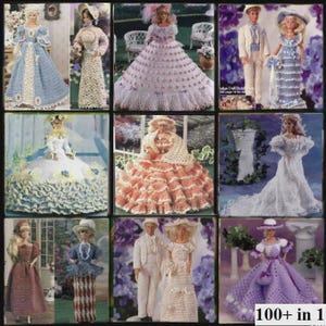 May include: A collage of nine images featuring crocheted doll clothes. The images show various styles of dresses, gowns, and suits for dolls. The clothes are made in a variety of colors, including white, pink, blue, and purple. The text "100+ in 1" is visible in the bottom right corner of the image.
