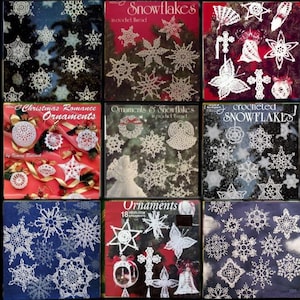 May include: A collection of six vintage crochet pattern books featuring snowflakes and ornaments. The covers of the books are a mix of red, blue, and white with images of crocheted snowflakes and ornaments.