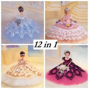 May include: Four crocheted doll dresses in different colors and styles. The dresses are all made with intricate lace patterns and feature a variety of embellishments, including flowers and beads. The dresses are displayed on mannequins with matching hairstyles. The text "12 in 1" is displayed in the center of the image.