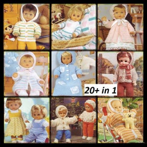 May include: A collage of nine images showcasing a variety of knitted doll clothes. The garments are in different colours and styles, including dresses, jumpers, trousers, and hats. The text "20+ in 1" is visible in the bottom centre of the collage.