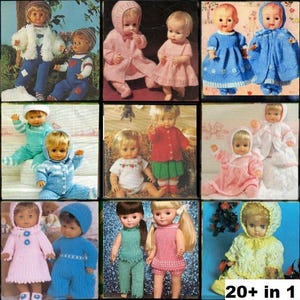 May include: A collage of 12 images showcasing a variety of knitted doll clothes in different colours and styles. The garments are designed for dolls with varying hair colours and styles. The text "20+ in 1" is visible in the bottom right corner of the image.